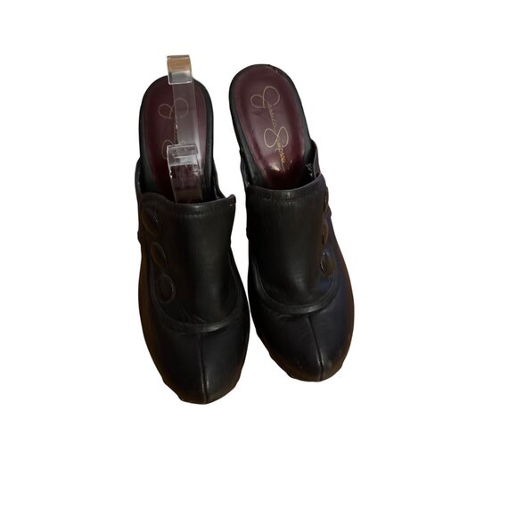Jessica Simpson Black Leather Studded Heeled Mules With Wooden Sole Size 8 - Picture 5 of 5